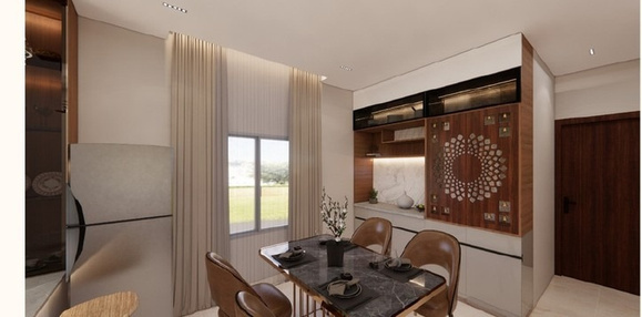 Warm Contemporary dining composition by Veda Spaces